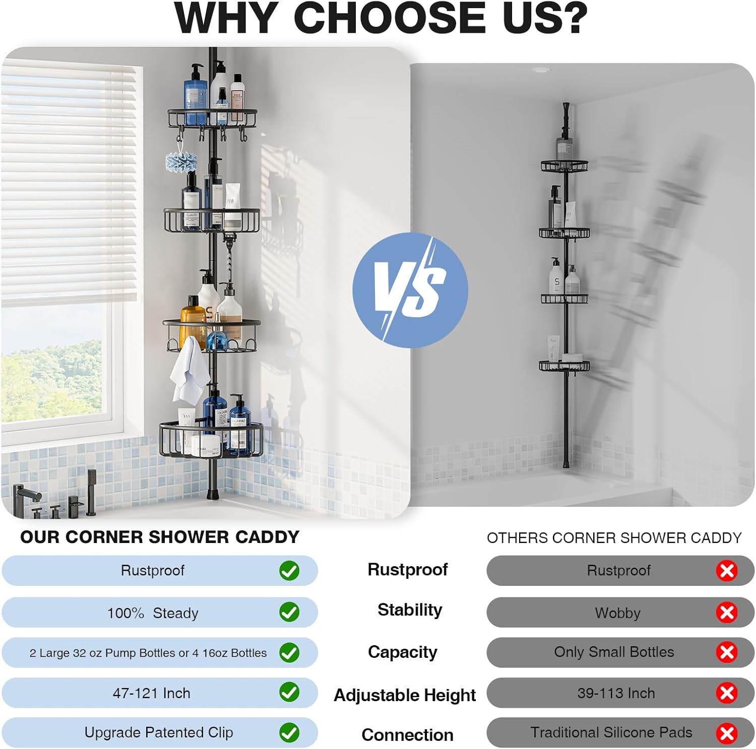 Corner Shower Caddy Tension Pole: Stainless Steel Rustproof 4-Tier Shower Organizer - 47-121 inch Adjustable Bathroom Shelves for Bathtub Shampoo Storage - Tension Rod Floor Standing Bath Rack - Black